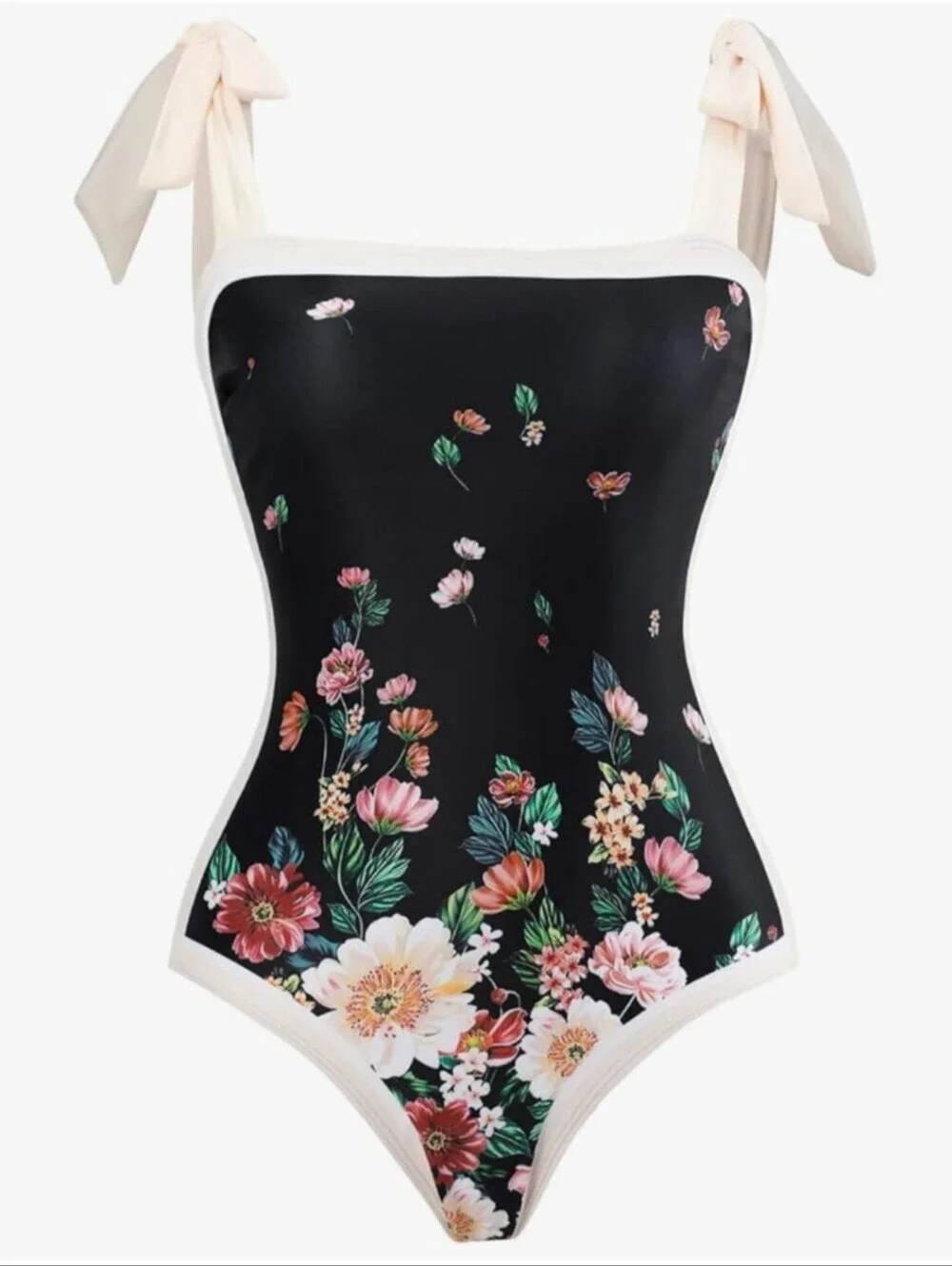 Black Floral One-Piece Swimsuit with Matching Sarong In Large NWOT